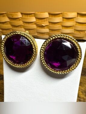 Vintage Purple Faceted Clip-On Earrings Gold Tone Statement
